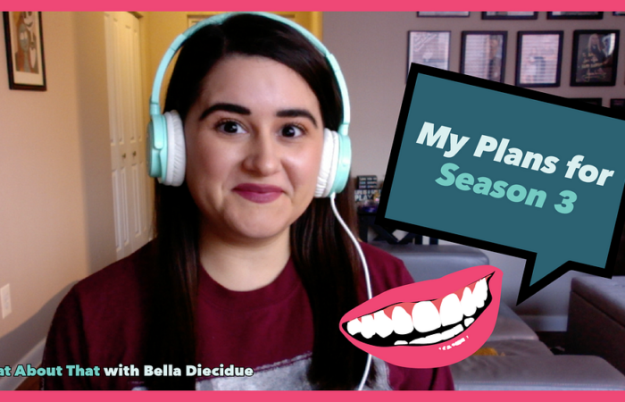 Woman with white headphones in front of a computer smiling at the camera with text on the screen that says, "My plans for Season 3