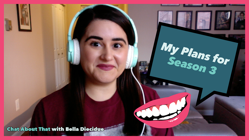Woman with white headphones in front of a computer smiling at the camera with text on the screen that says, "My plans for Season 3