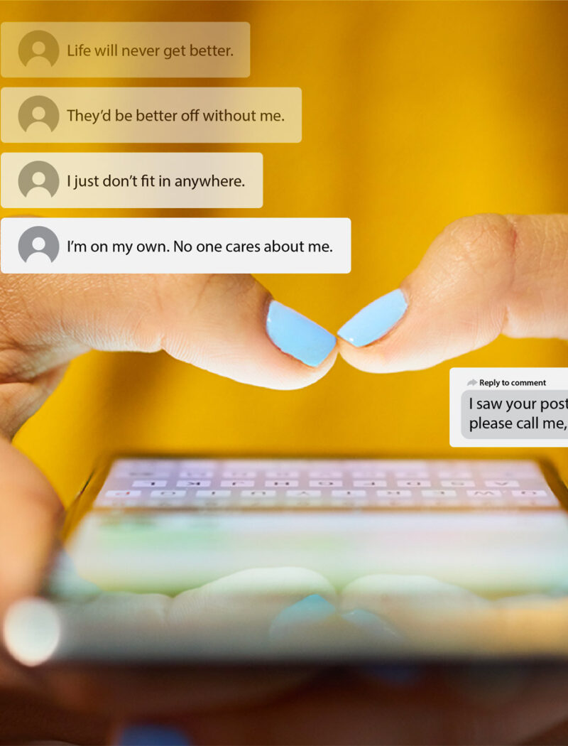 Thumbs hover over a phone with text messages stating mental health struggles.