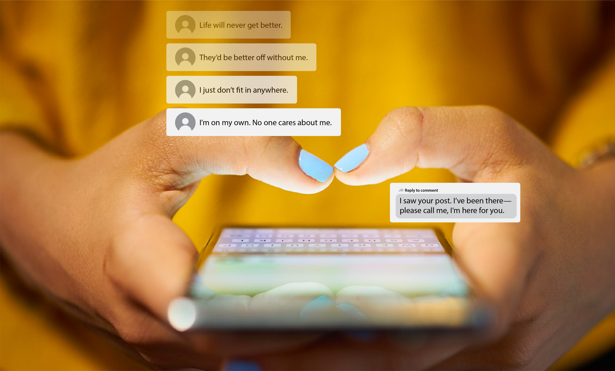 Thumbs hover over a phone with text messages stating mental health struggles.