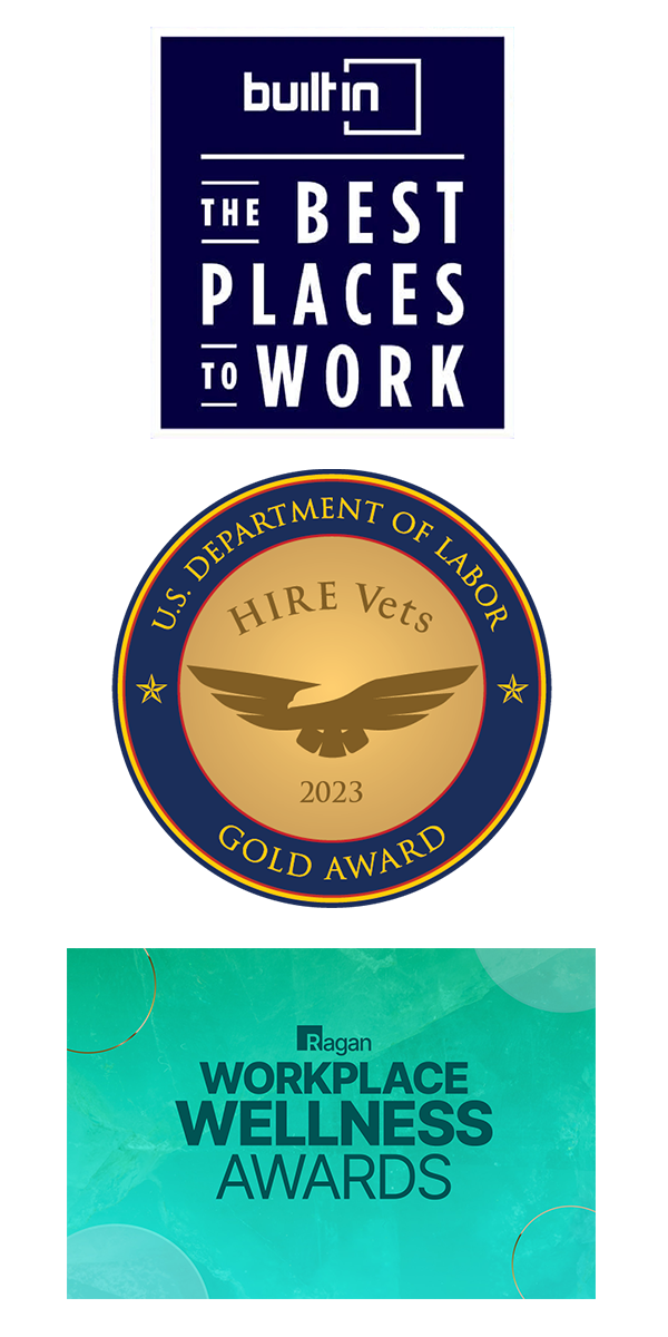 DCG workplace award logos from BuiltIn The Best Places to Work, Department of Labor Hire Vets Gold Medallion Award, and Ragan Workplace Wellness Awards.