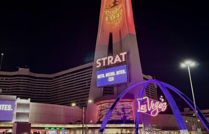 Cars show the Blue Campaign digital ads in their rear view windows parked outside the Strat in Las Vegas