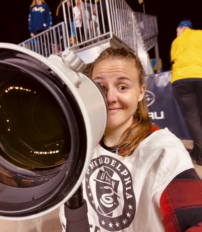 Kylie on site shooting photos for a Major League Soccer game in Philadelphia.