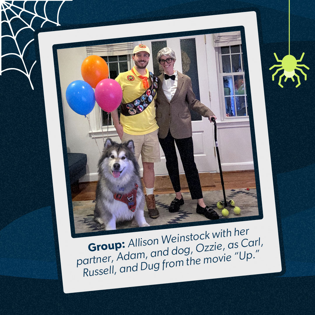 Allison Weinstock with her partner, Adam and dog, Ozzie dressed as Carl, Russell, and Dug from the movie Up