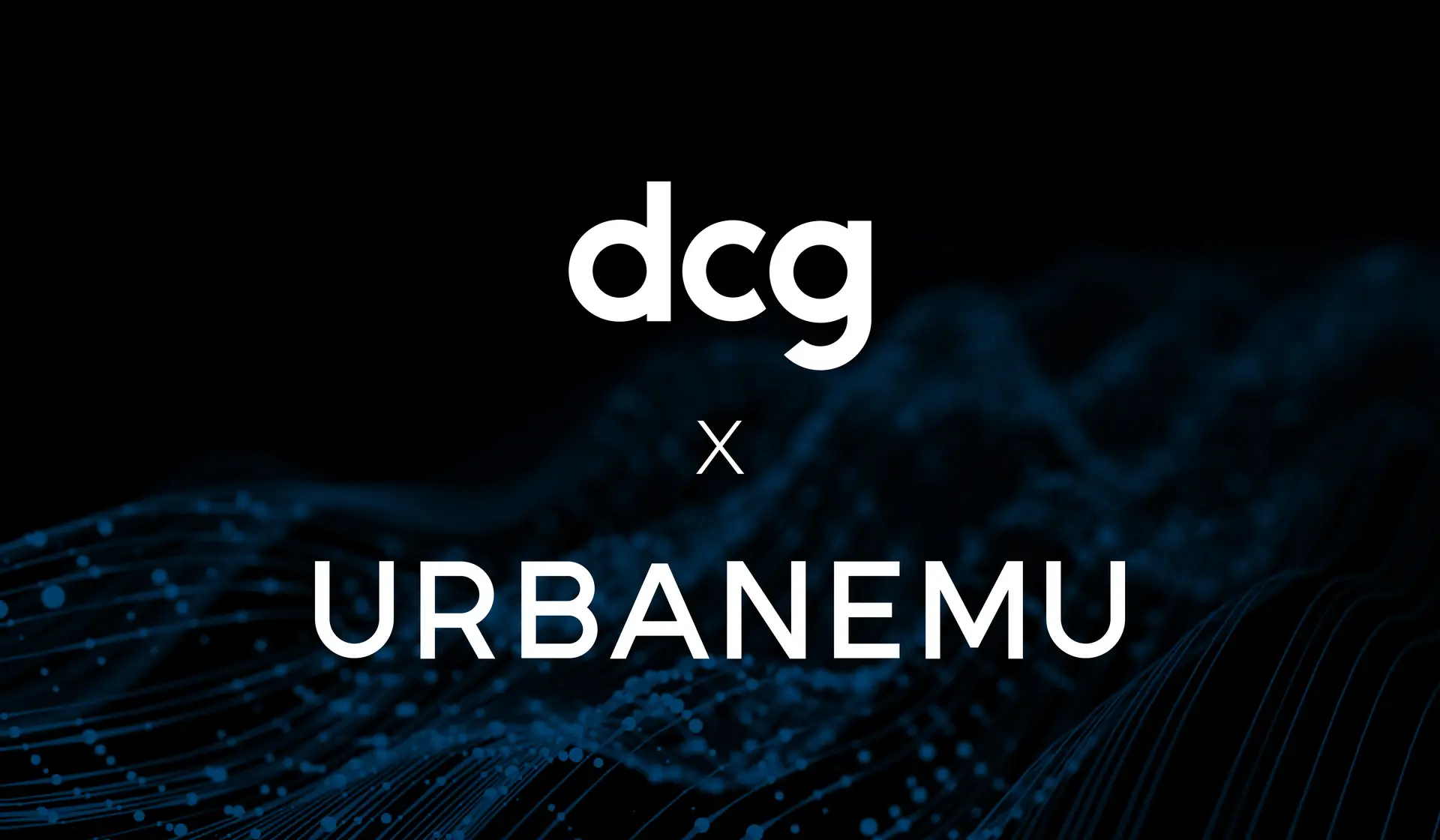 DCG and Urban Emu logos centered on a dark navy background with a subtle blue wave pattern composed of dots and lines at the bottom.